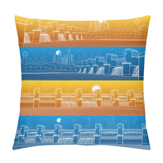 Personality  City Infrastructure Industrial Illustration Panorama Set. Hydro Power Plant. River Dam. Energy Station. Water Power. Urban Scene. White Lines On Blue And Orange Background. Vector Design Art Pillow Covers