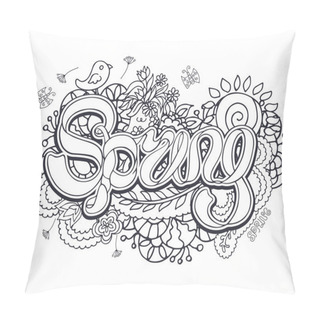 Personality  Outline Doodle Composition With Ribbon Lettering Spring And Floral Elements Pillow Covers