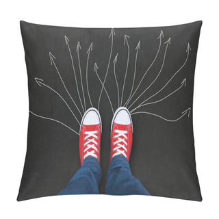 Personality  Feet Wearing Red Shoes On Black Background With Arrows. Choice C Pillow Covers