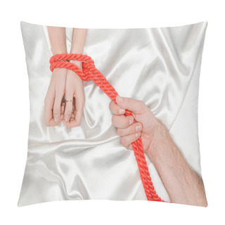 Personality  Cropped View Of Male Hand Bounding Female Hands With Bright Red Rope Pillow Covers