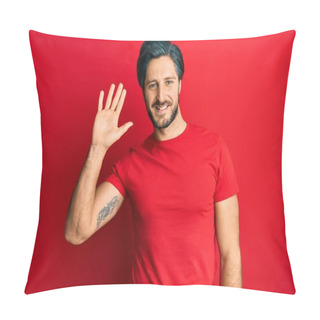 Personality  Young Hispanic Man Wearing Casual Red T Shirt Waiving Saying Hello Happy And Smiling, Friendly Welcome Gesture  Pillow Covers