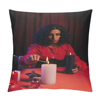 Personality  Brunette Fortune Teller Lighting Palo Santo Stick During Meditation Session On Dark Background Pillow Covers