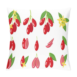 Personality  Set Of Illustrations With Dogwood Exotic Fruits, Flowers And Leaves Isolated On A White Background. Isolated Vector Icons Set. Pillow Covers
