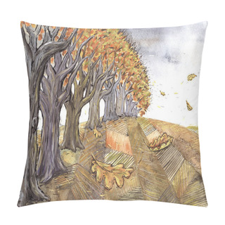 Personality  Watercolor And Gouache Autumn Landscape With Oak Trees In The Fields Pillow Covers