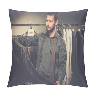 Personality  Handsome Man With Beard Choosing Jacket In A Shop Pillow Covers