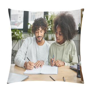Personality  A Man And A Woman Of Different Ethnic Backgrounds Sit At A Table, Writing Together In A Modern Coworking Space. Pillow Covers