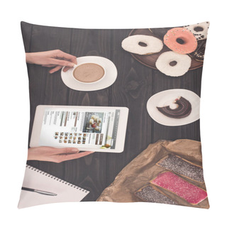 Personality  Person With Coffee, Digital Tablet And Donuts  Pillow Covers