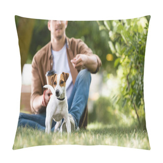 Personality  Selective Focus Of Young Man Sitting On Grass Near Jack Russell Terrier Dog Pillow Covers
