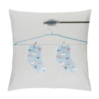 Personality  Pair Of Blue Cotton Socks With Winter Pattern Isolated On Grey  Pillow Covers