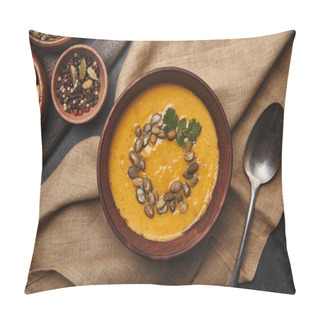 Personality  Top View Of Bowl With Delicious Pumpkin Soup And Spoon On Sackcloth Pillow Covers