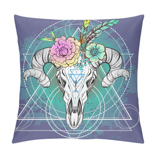 Personality  Boho Chic, Ethnic, Native American Bull Skull With Boho Flowers On Horns; Sacred Geometry. Trendy Vintage Style Illustration. Dark Romance, Philosophy, Spirituality, Occultism, Alchemy, Magic, Love. Pillow Covers