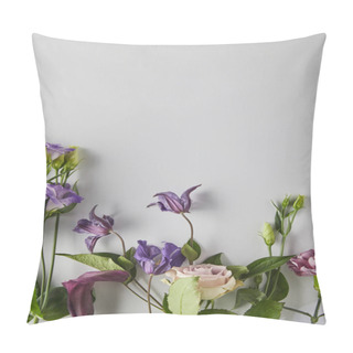 Personality  Top View Of Violet And Purple Flowers On White Background Pillow Covers
