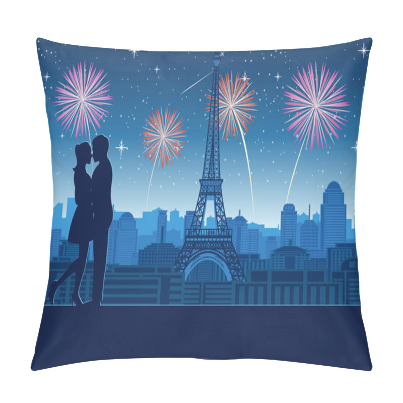 Personality  couple hug together near tower roof top around with skyscraper near Eiffel tower in Paris,silhouette style,vector illustration pillow covers