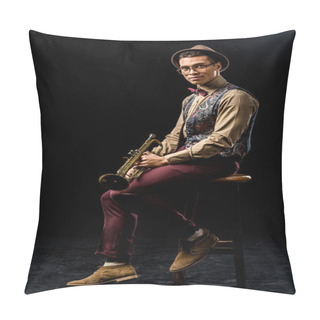 Personality  Smiling Mixed Race Male Musician Posing With Trumpet While Sitting On Chair On Black  Pillow Covers