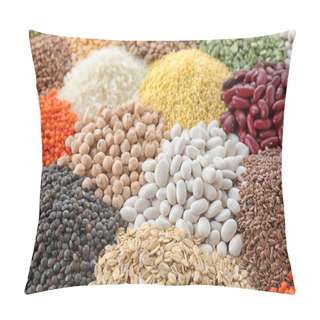 Personality  Different Types Of Legumes And Cereals As Background, Closeup. Organic Grains Pillow Covers