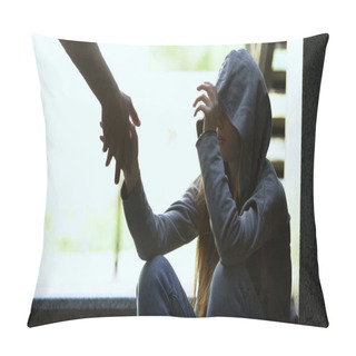 Personality  Person Stretching Helping Hand To Lonely Depressed Teen Girl, Support And Aid Pillow Covers