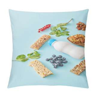 Personality  Bottle Of Yogurt, Berries, Cereal Bars, Mint And Almonds On Blue Background Pillow Covers