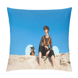 Personality  Fashionable Model Posing On Sand With Round Mirrors With Reflection Of Blue Sky Pillow Covers