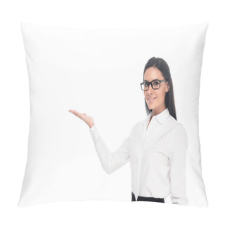 Personality  Smiling Businesswoman In Glasses Standing With Hand Up Isolated On White Pillow Covers