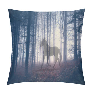 Personality Mystical Horse In The Fantasy Dark Fairy Foggy Forest Landscape. Abstract Unicorn In The Magical Woodland. Double Exposure Technique Used. Pillow Covers
