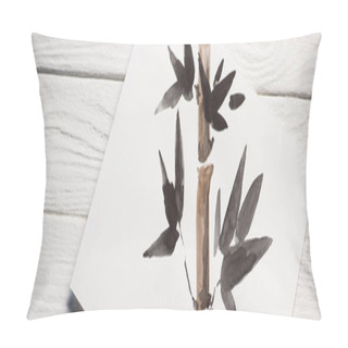 Personality  Top View Of Paper With Japanese Painting With Bamboo And Leaves On Wooden Background, Panoramic Shot Pillow Covers