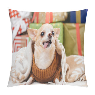 Personality  Close Up View Of Adorable Little Chihuahua Dog In Blanket With Christmas Presents On Background Pillow Covers