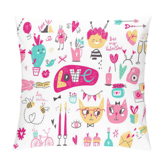 Personality  Doodle Collection Of Valentines Day Symbols And Elements. Characters, Objects, Gifts And Decorations In Cute Naive Simple Style Pillow Covers
