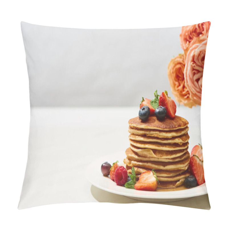 Personality  Delicious Pancakes With Blueberries And Strawberries On Plate Near Rose Flowers On White Surface Isolated On Grey Pillow Covers