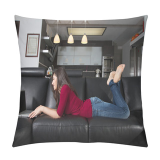 Personality  Model With Laptop At Home Pillow Covers