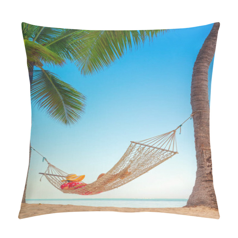 Personality  Young girl resting in a hammock under tall palm trees, tropical beach pillow covers