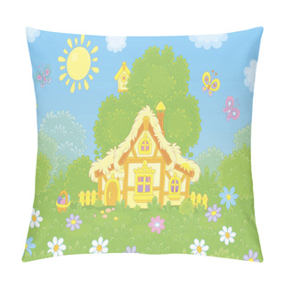 Personality  Easter Basket Near A Small Thatched Hut Among Flowers And Butterflies On A Green Glade Under A Big Tree On A Sunny Easter Day, Vector Illustration In A Cartoon Style Pillow Covers