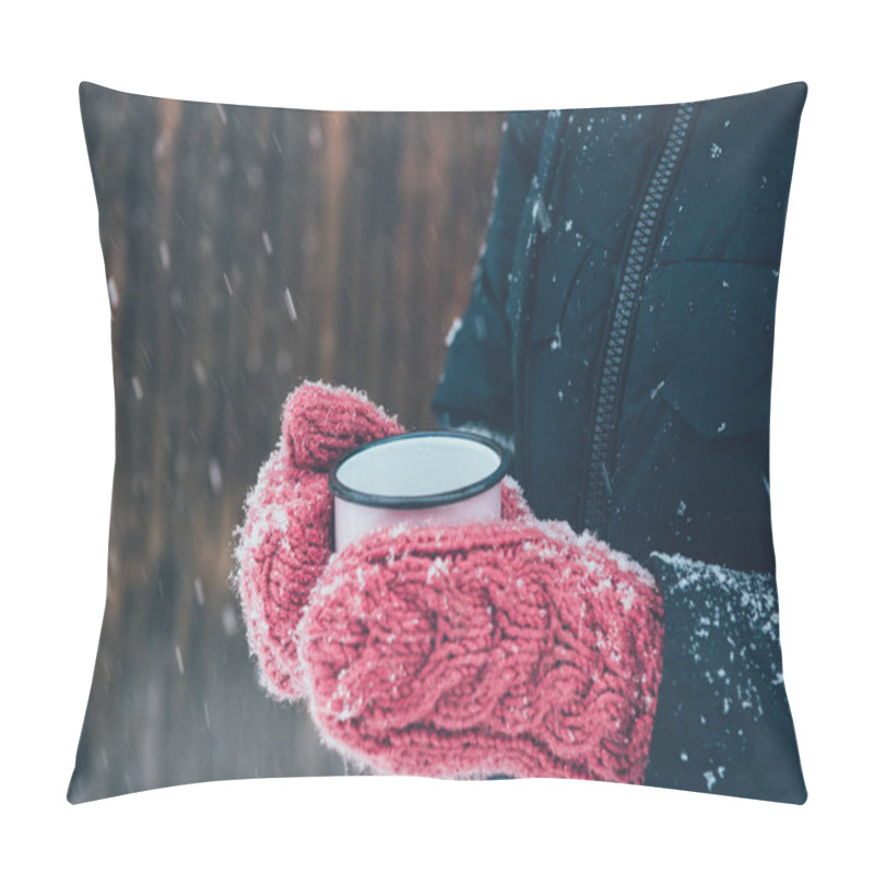 Personality  Cropped Shot Of Woman Holding Cup Of Tea In Hands On Winter Day Pillow Covers