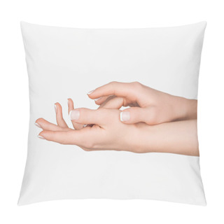 Personality  Cropped View Of Female Hands Isolated On White Pillow Covers