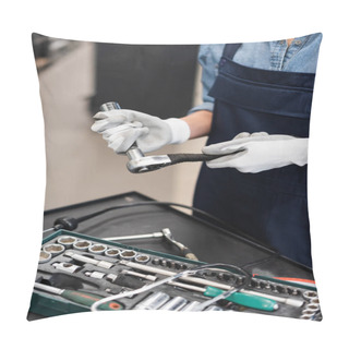 Personality  Close Up View Of Mechanic Hands In Gloves Holding Wrench In Garage Pillow Covers