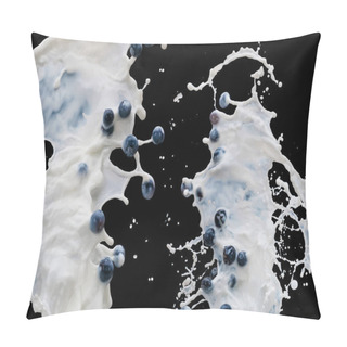 Personality  Waves Of Splashing Milk With Ripe Berries On Black Background Pillow Covers