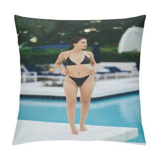 Personality  Captivating And Confident Brunette Woman Dressed In A Stunning And Sexy Black Bikini Standing Next To Public Swimming Pool In The Vibrant City Of Miami, USA, Luxury Resort, Blurred Background  Pillow Covers