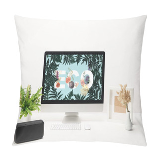 Personality  Computer With Eco Lettering And Fern Green Leaves On Monitor On Desk On White Background Pillow Covers