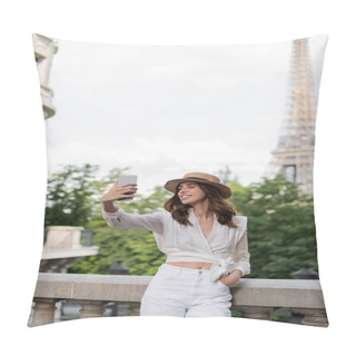 Personality  Smiling Tourist Taking Selfie With Eiffel Tower At Background In Paris  Pillow Covers
