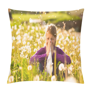 Personality  Girl Sitting In Meadow With Dandelions And Has Hay Fever Or Allergy Pillow Covers