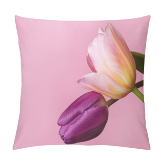 Personality  Bouquet Of Tulips Of Two Colors On A Pink Background. Floral Card With Delicate Spring Flowers Pillow Covers