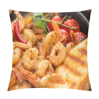 Personality  Close Up View Of Fried Shrimps With Grilled Bread, Tomatoes, Chili Peppers Pillow Covers