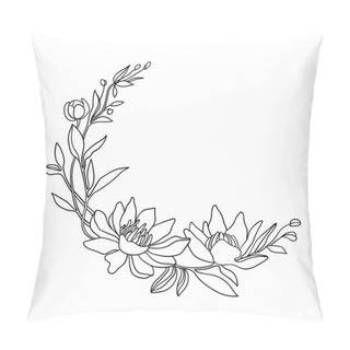 Personality  Wreath With Magnolia Illustration On White. Botany Wreath Sketch In Minimal. Magnolia Flowers.Wreath With Magnolia Sketch Pillow Covers