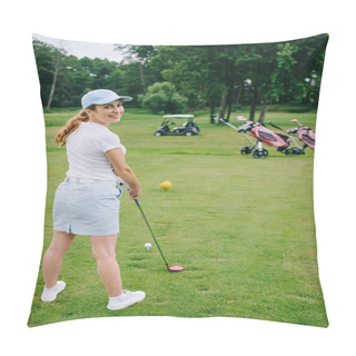 Personality  Side View Of Smiling Female Golf Player In Cap With Golf Club Standing At Golf Course Pillow Covers