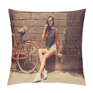Personality  Girl  Posing With Red Bicycle Pillow Covers