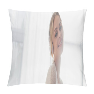 Personality  Overjoyed Young Woman Listening Music In Wireless Headphones While Smiling At Home, Banner  Pillow Covers