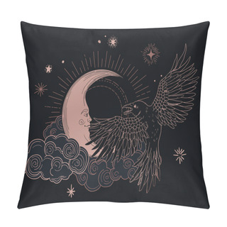 Personality  Illustration With Raven On Cosmic Background, Night Sky, With Stylized Stars And Clouds Pillow Covers