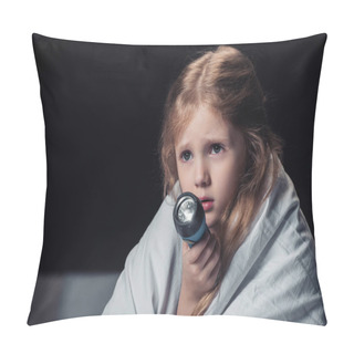 Personality  Scared Kid Sitting Under Blanket And Holding Flashlight Isolated On Black Pillow Covers