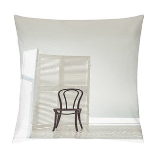 Personality  Dark Wooden Chair And White Room Divider With Shadows And Sunlight Pillow Covers