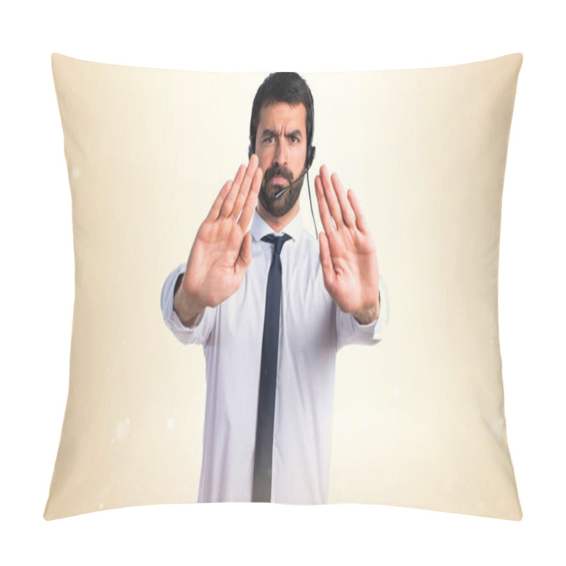 Personality  Young man with a headset making stop sign pillow covers