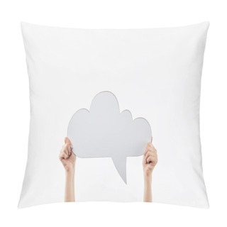 Personality  Cropped View Of Woman With Thought Bubble In Hands Isolated On White Pillow Covers